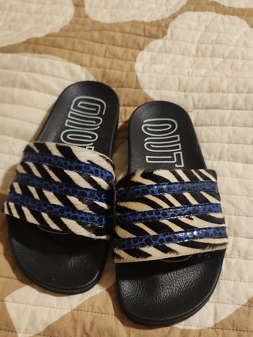 Adidas  Black Slide Sandals with Zebra Fur Straps and Blue Sequin Trim